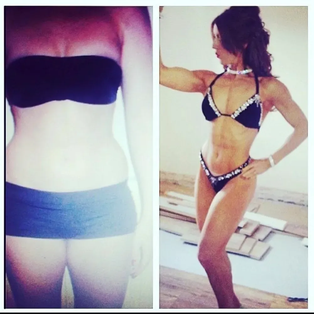 Woman's weight loss transformation: before and after. Before: casual attire. After: posing in bikini, muscular physique.
