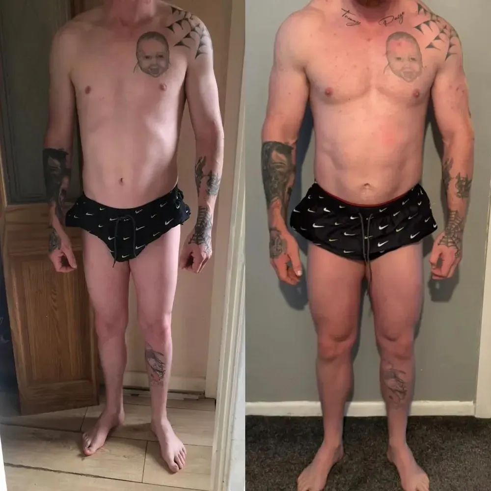 Two side-by-side photos of a man in underwear, before and after a body transformation.