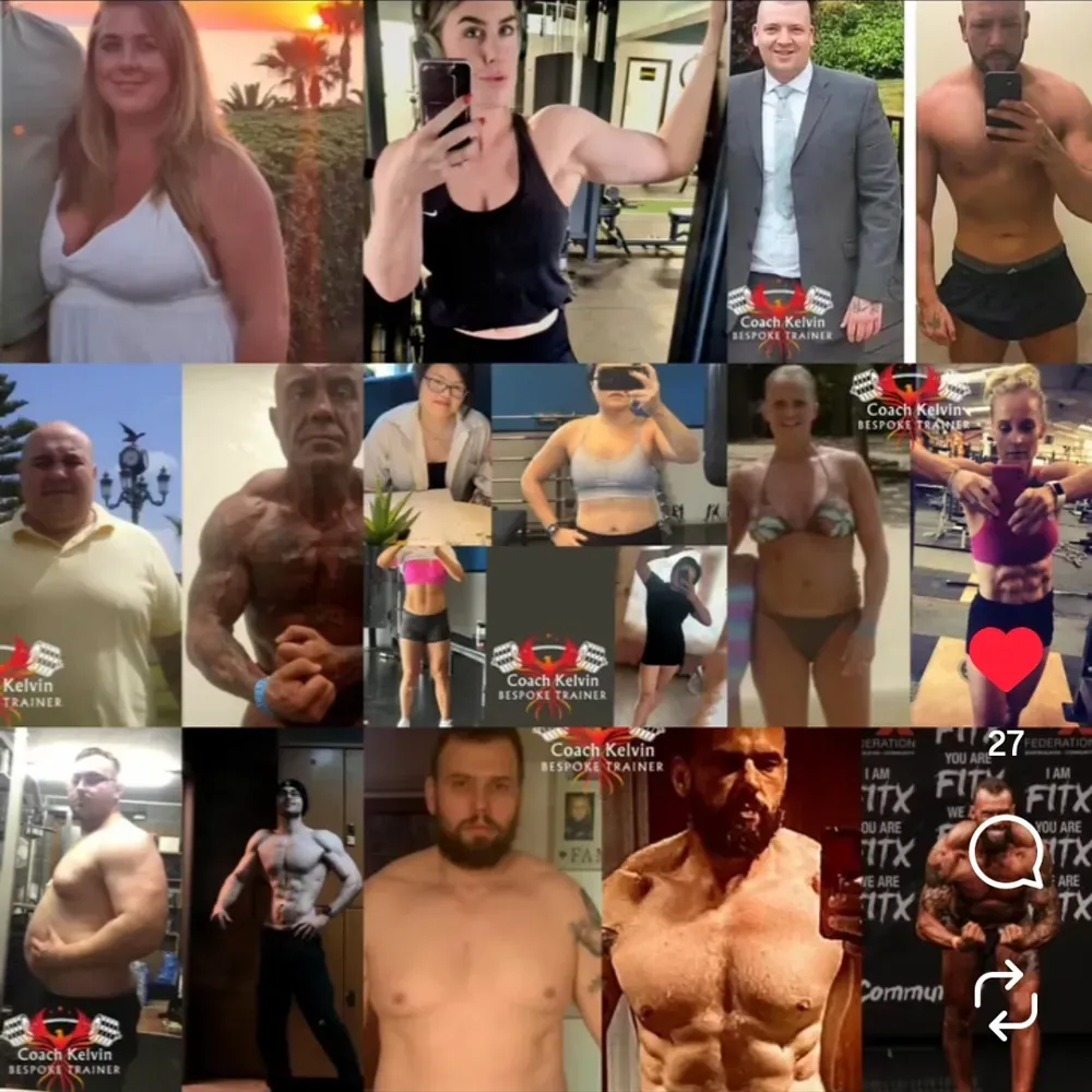 Transformation photos: People with before/after fitness results, showcasing weight loss and muscle gain.