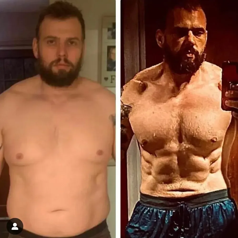 Side-by-side comparison of a man, before and after a body transformation, showcasing weight loss and muscle gain.