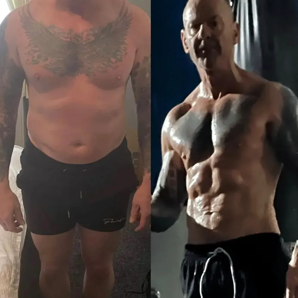 Side-by-side: Man's physique transformation, before and after. Showing weight loss, muscle gain. Setting: gym.