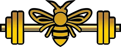 Golden bee holding a barbell, workout logo.