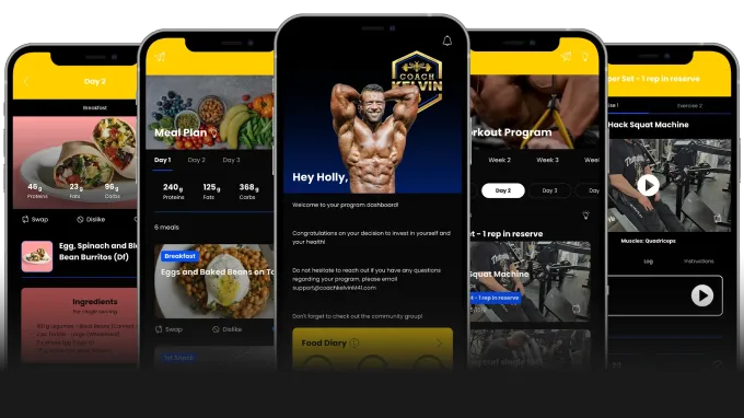 Five phone screens showcasing a muscular man, fitness content, and app interface. 