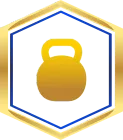 Gold kettlebell icon within a blue and gold hexagonal border.
