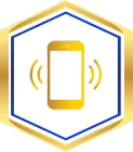 Gold smartphone vibrating within a gold and blue hexagonal frame.