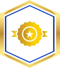 Gold star emblem inside a blue and gold hexagonal frame.
