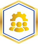 Gold gear over three gold figures inside a blue and gold hexagon.