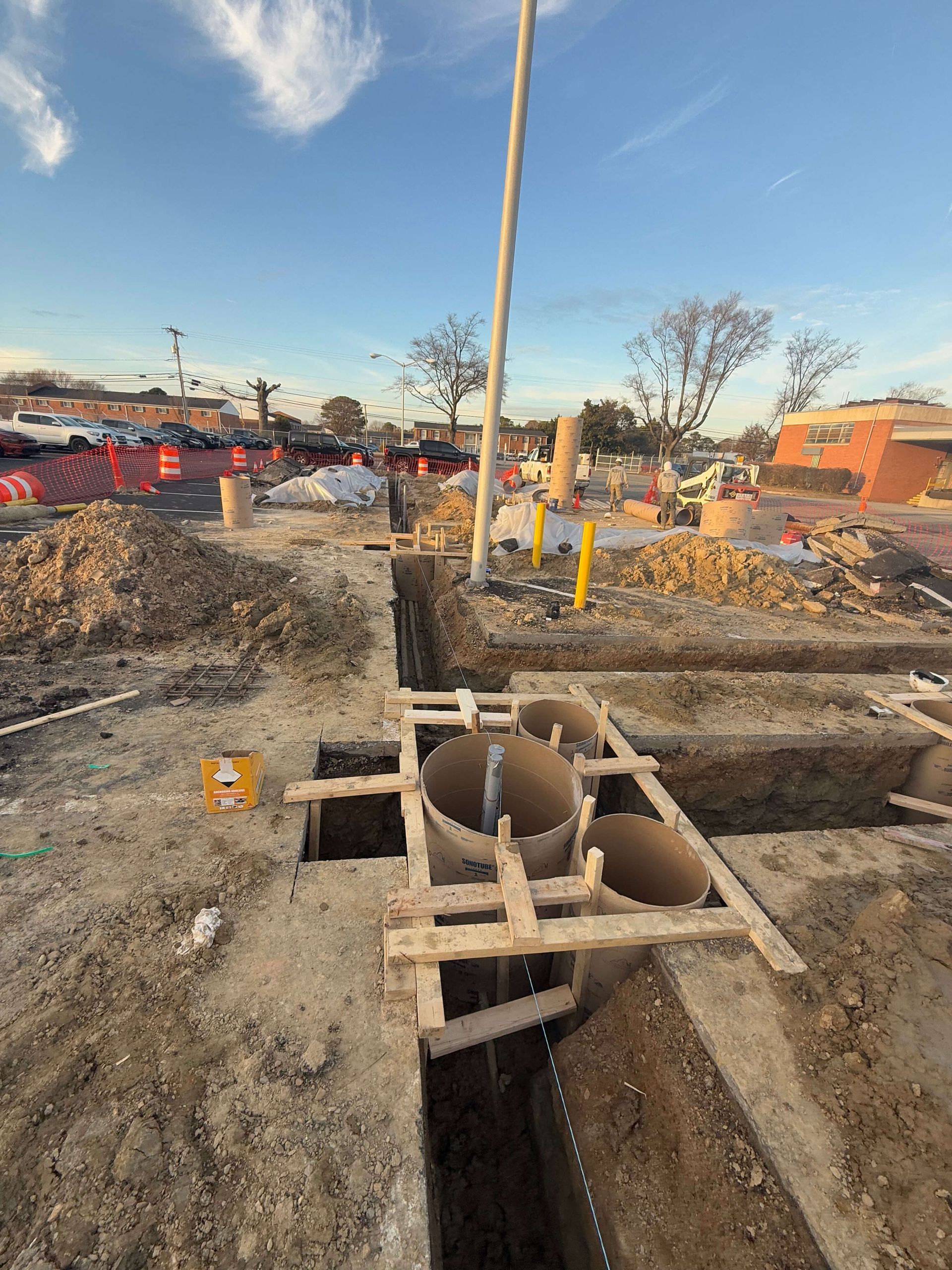 A construction site with a lot of holes in the ground