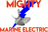 A logo for mighty marine electric with a propeller and lightning bolt