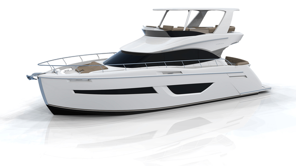 A white yacht is sitting on a white surface.