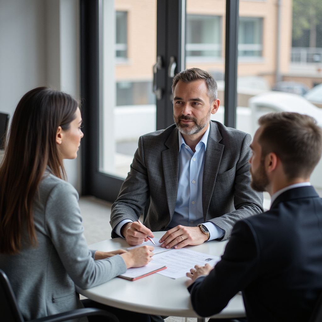 Three people in business attire at a table, discussing documents. Window in the background.
