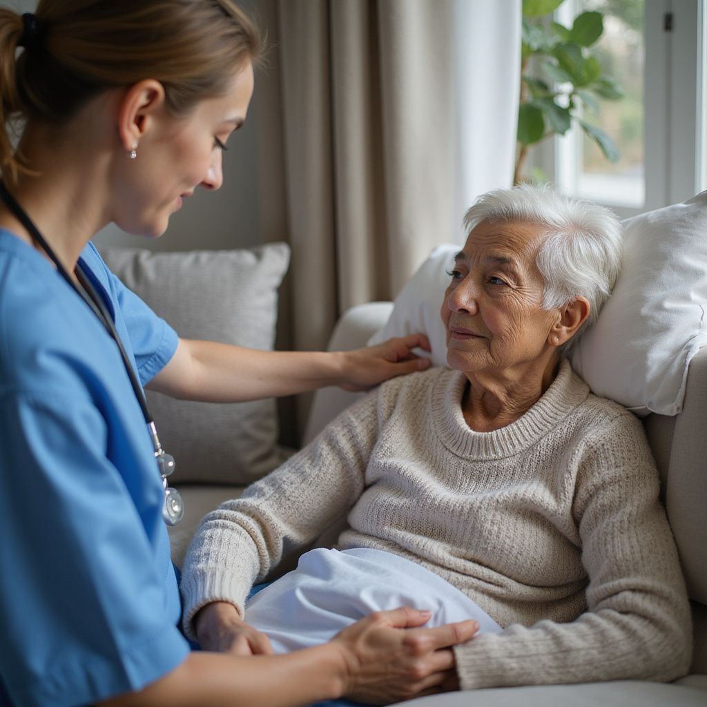 Nurse in blue scrubs, comforts elderly patient on couch. Soft lighting, indoor setting.