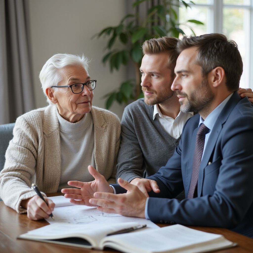 Elderly person with glasses, two men, reviewing documents at a table.