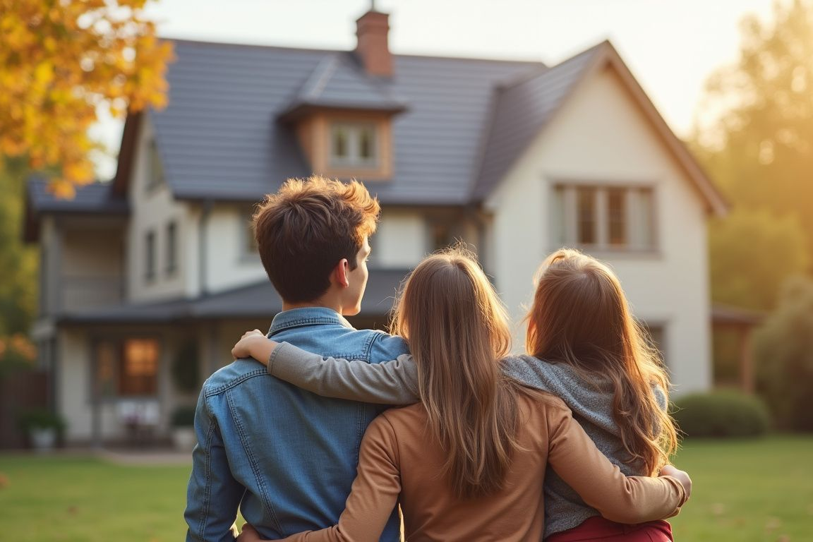 Three people with arms around each other looking at a house in golden sunlight.