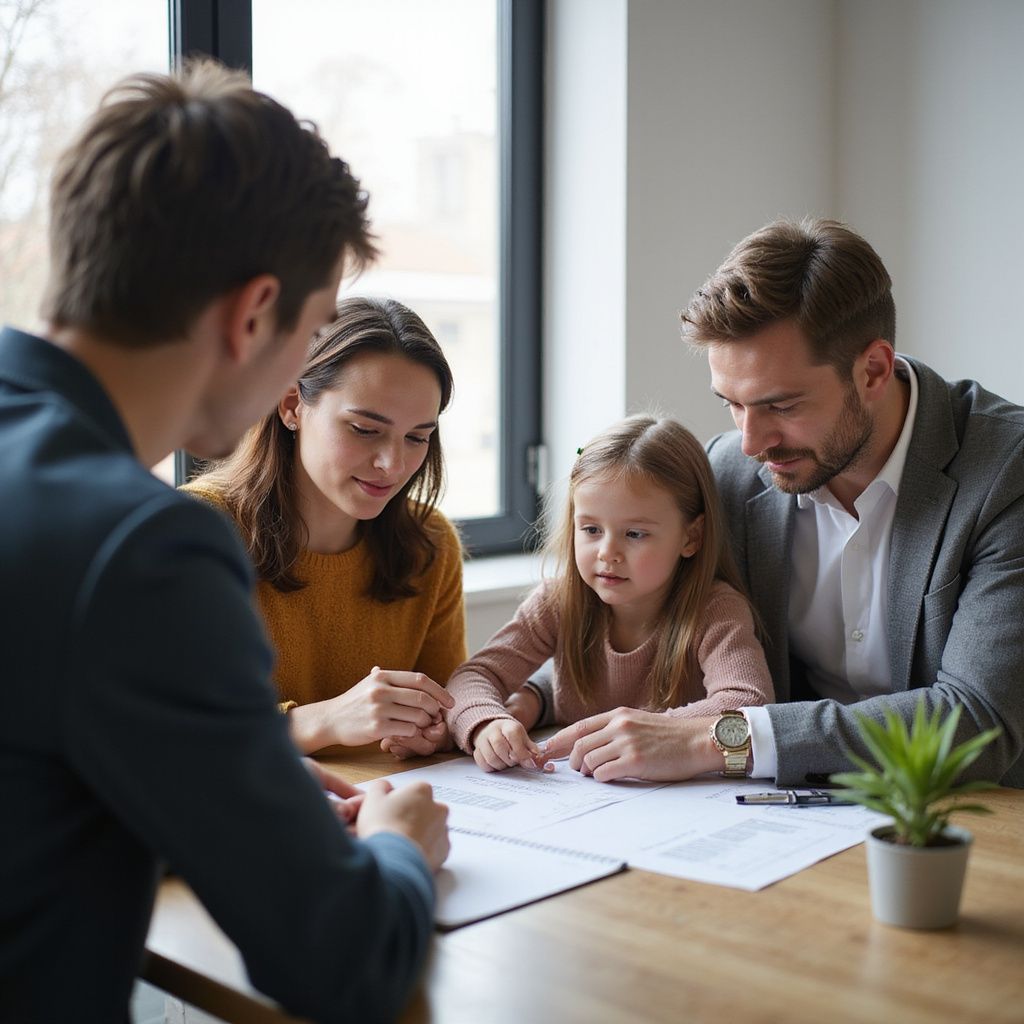 Family and advisor reviewing paperwork at a table with a small plant, window in the background.