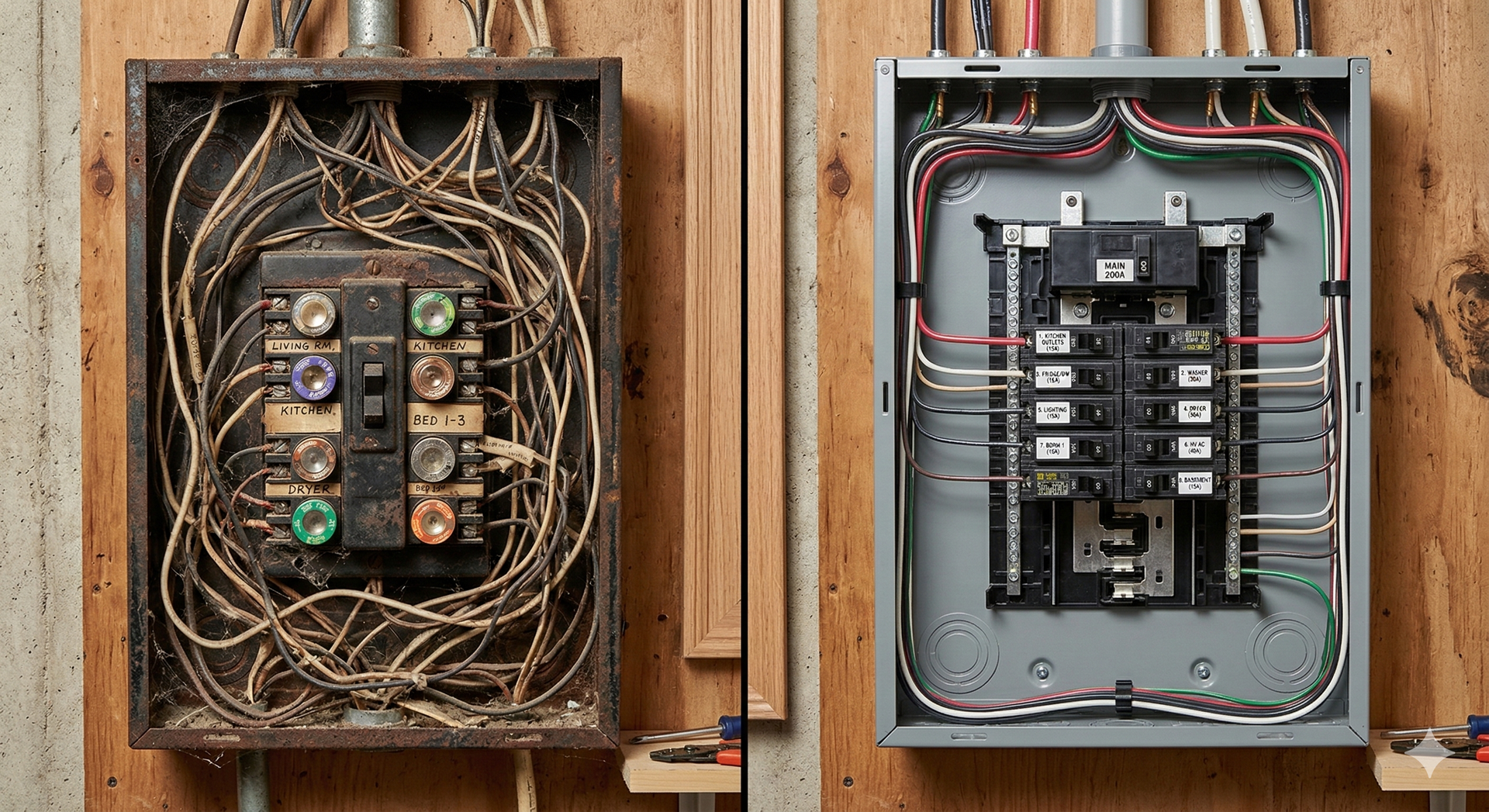 Old, corroded electrical panel next to a new, modern one, both mounted on wood.