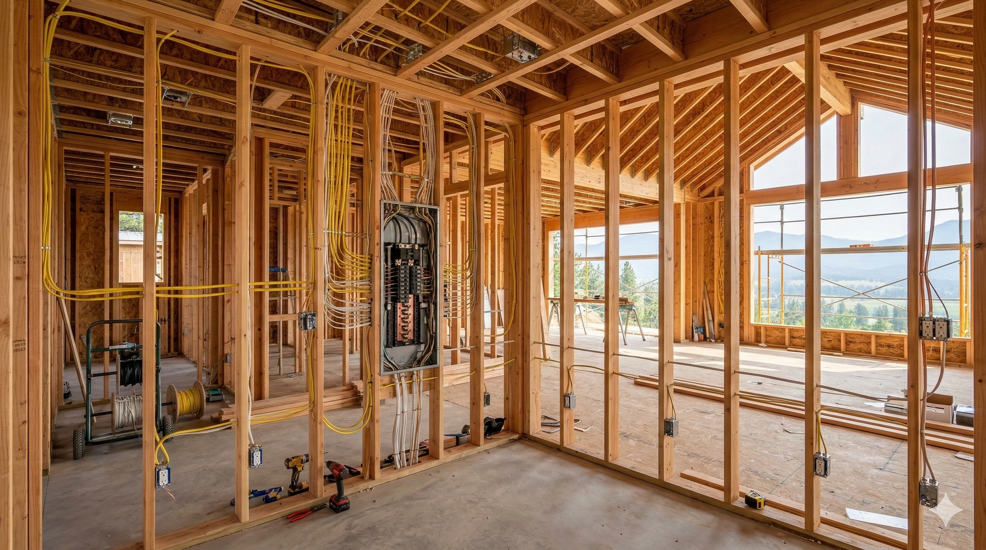 Interior view of a building under construction, showing wooden framing, electrical wiring, and a breaker panel.