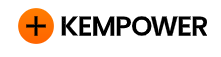 Kempower logo with an orange circle and a black plus sign next to the text 