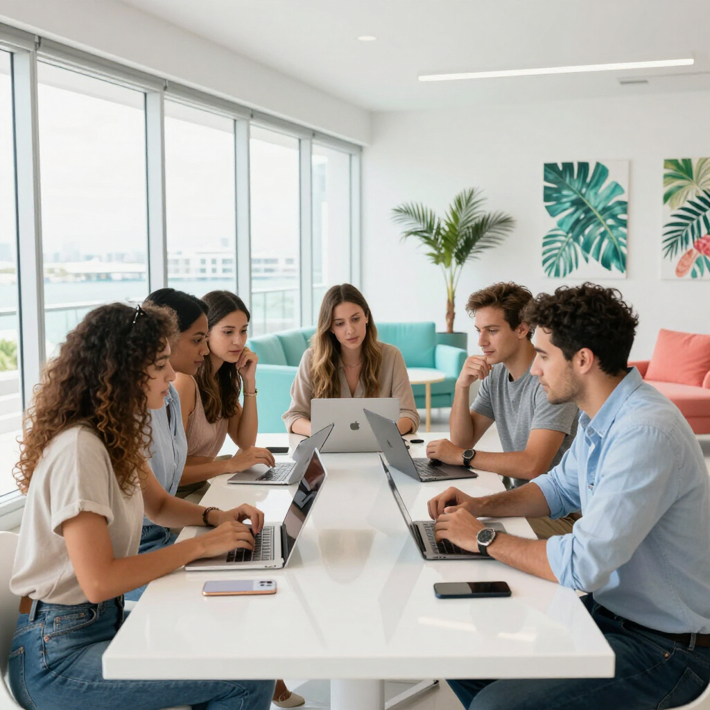 A group of people working together on laptops at a long table in a bright, modern office with large windows.