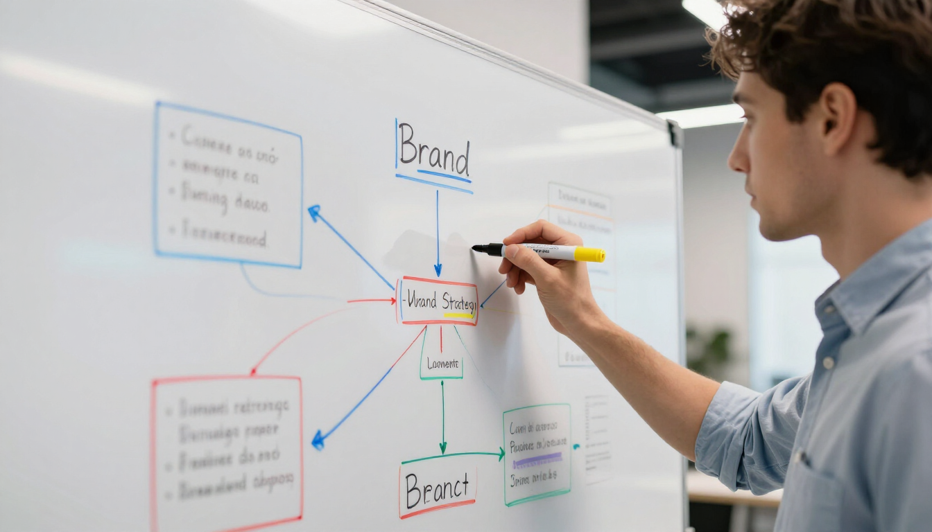 A person stands at a whiteboard, using a yellow marker to draw a diagram about brand identity.