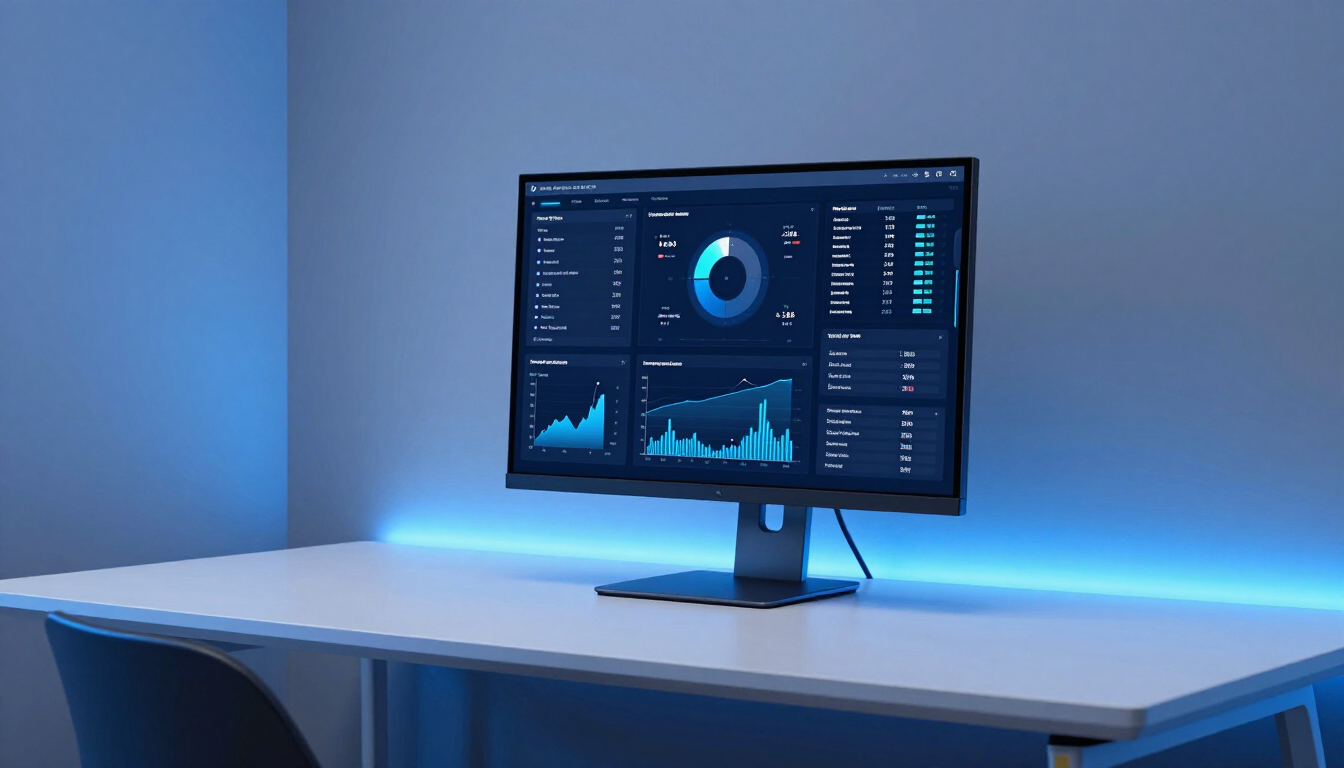 photorealistic modern tech workspace with blue and neon accents and clean lines