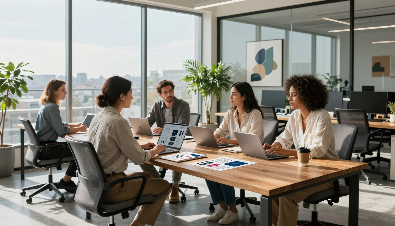 Modern branding and design studio team collaborating on a project.