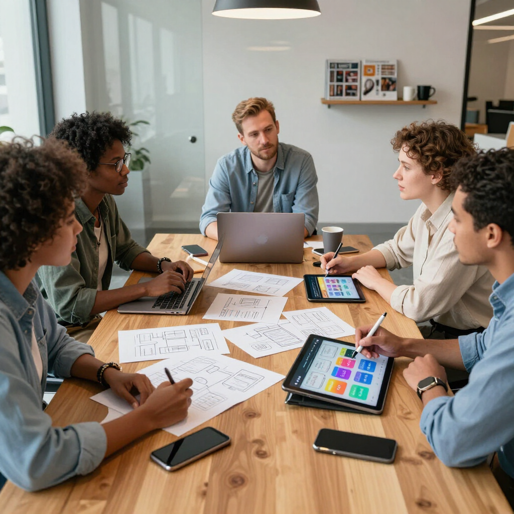 Five people sit around a wooden table in an office, reviewing documents and tablets during a collaborative meeting.