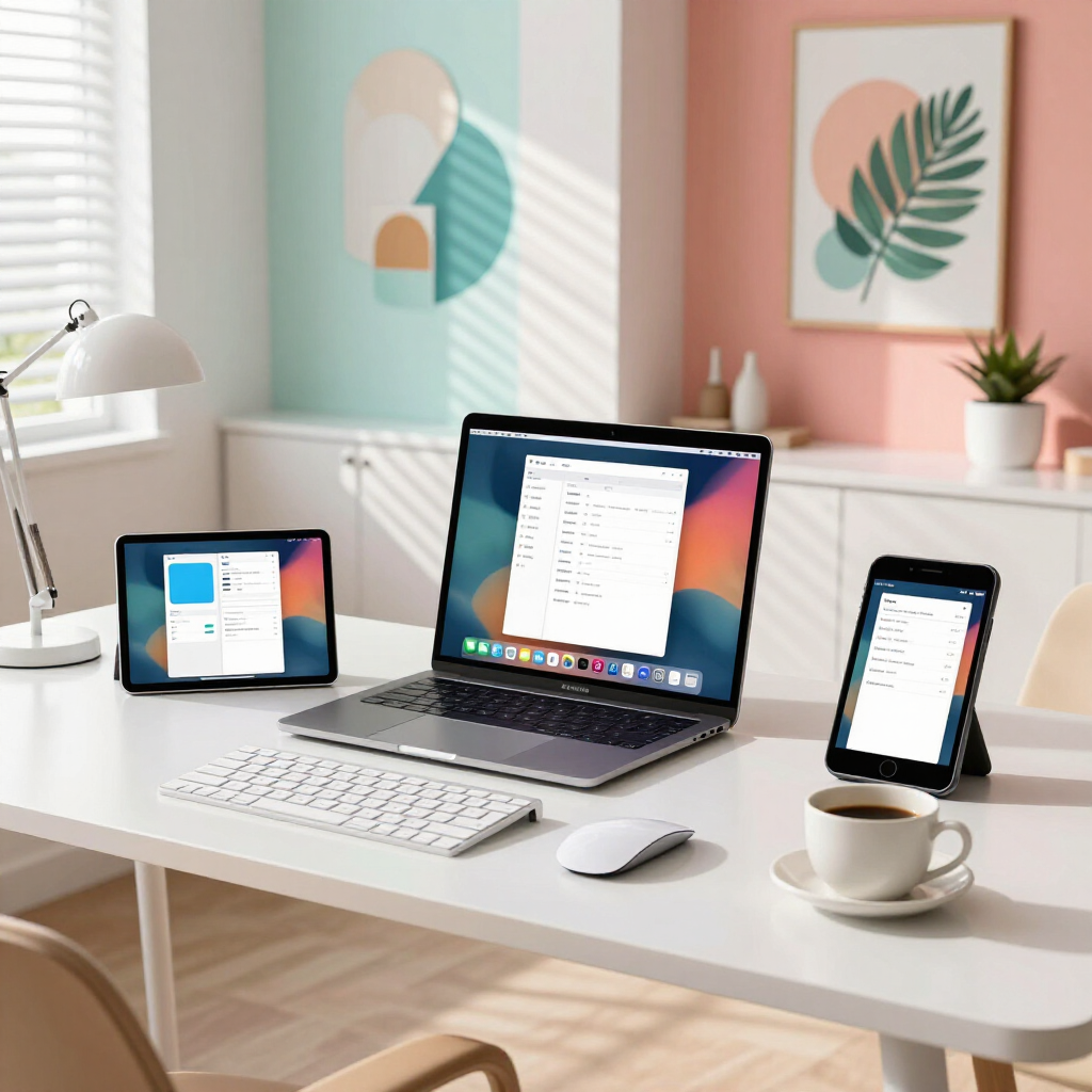 A clean workspace featuring a laptop, tablet, phone, keyboard, mouse, and a coffee cup on a desk in a modern home office.