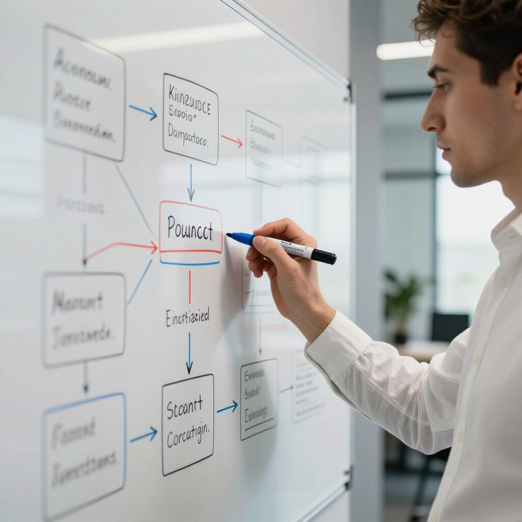 A person writes on a whiteboard featuring a flow chart with blue and red lines, marking the center box labeled 