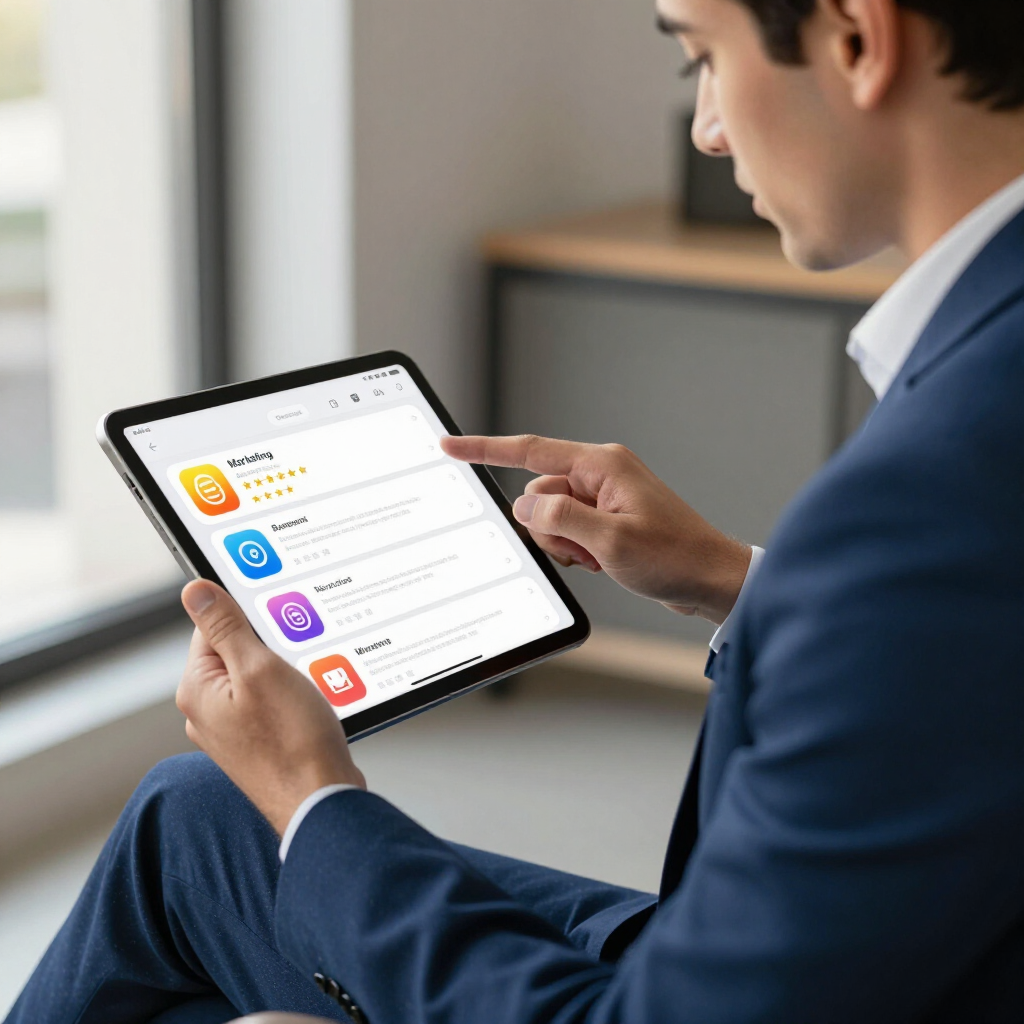 A person in a blue blazer holds a tablet, browsing a list of app store reviews and ratings in a well-lit indoor setting.