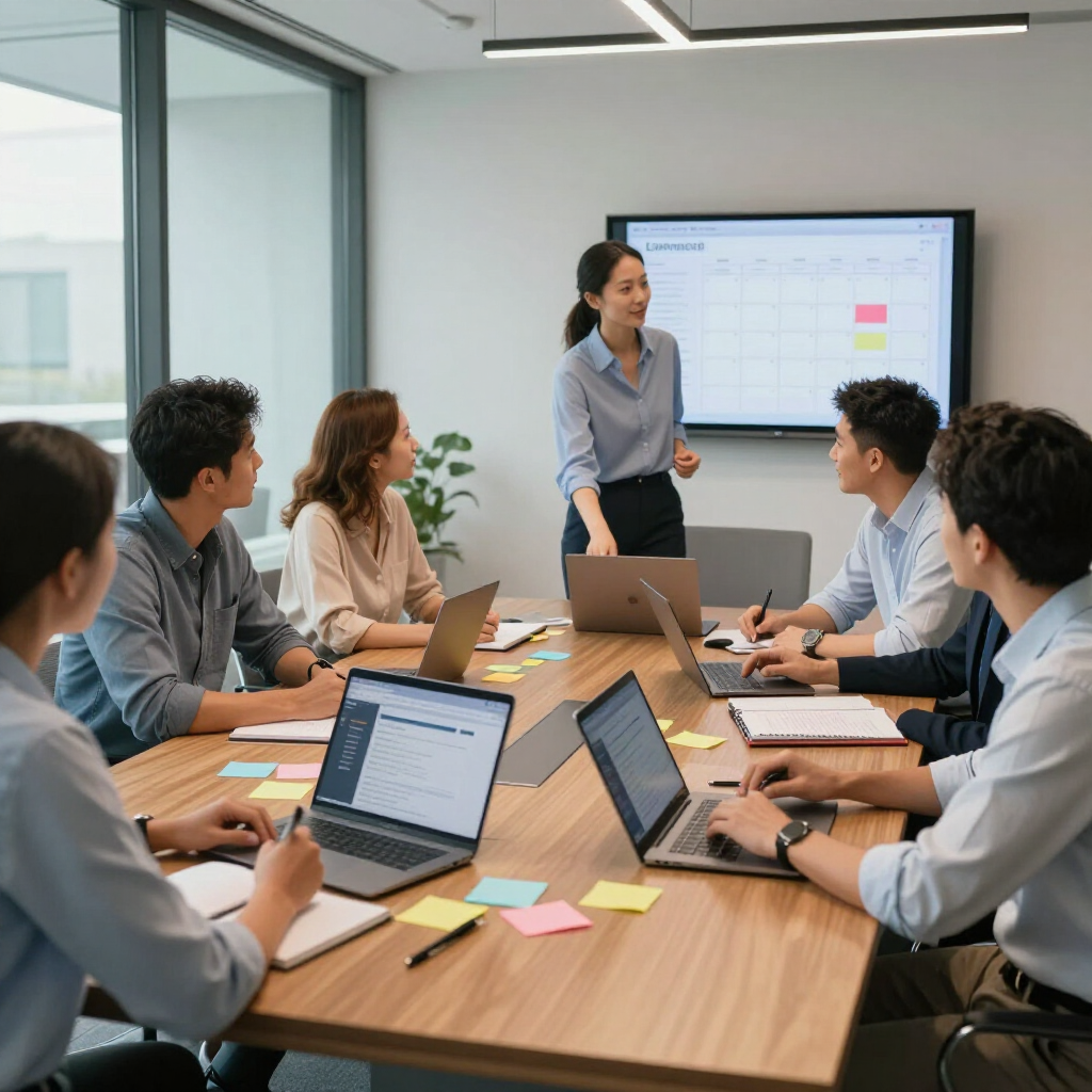 A team sits around a wooden table in a brightly lit office, engaged in a professional meeting with laptops and a display.