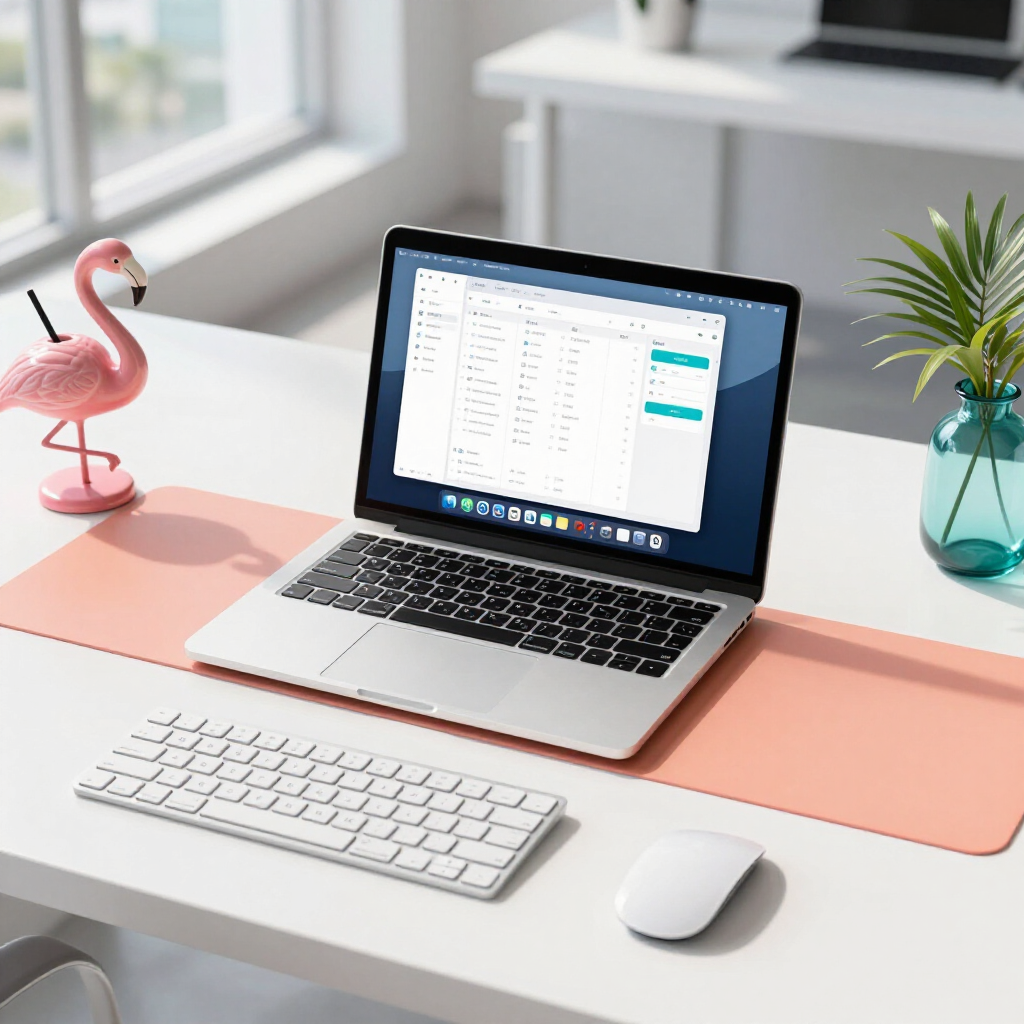 A laptop sits on a peach desk mat with a flamingo figure, small plant, wireless keyboard, and mouse on a white desk.