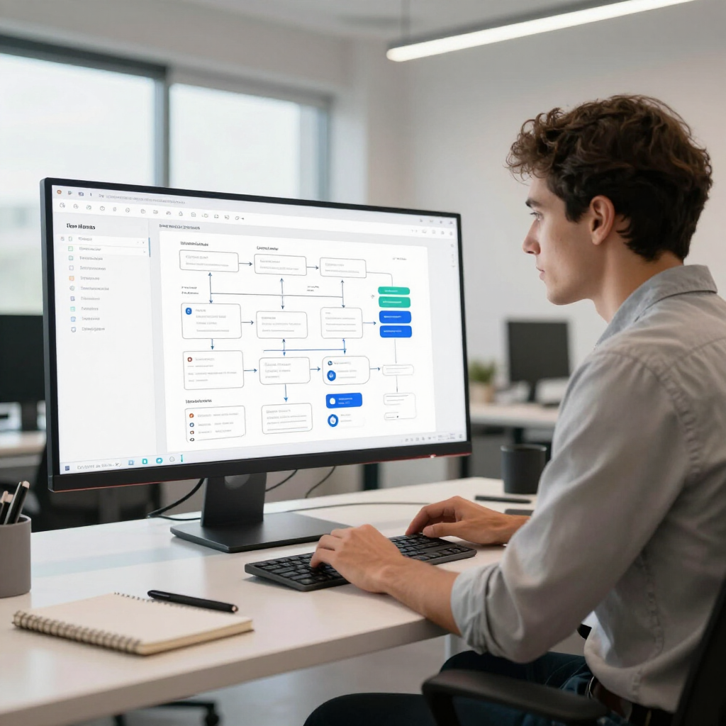 A person sitting at a desk and typing on a computer while viewing a workflow diagram on a monitor in an office.