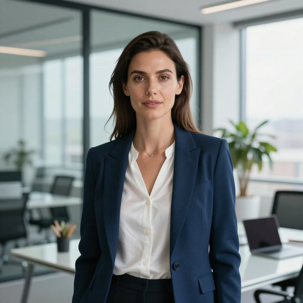 A professional in a blue blazer and white shirt stands in a brightly lit, modern office with desks and plants.