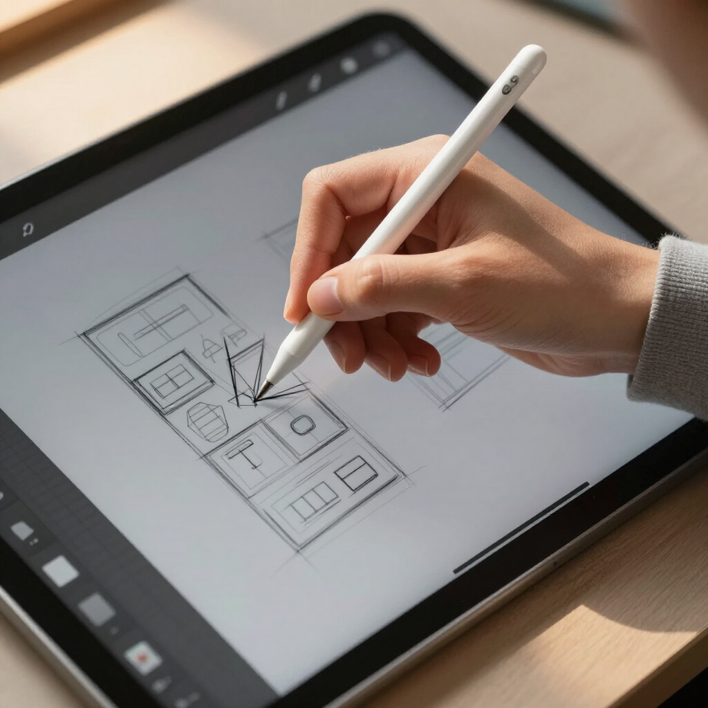 A hand uses a digital stylus to draw a wireframe layout on a tablet screen in a well-lit workspace.