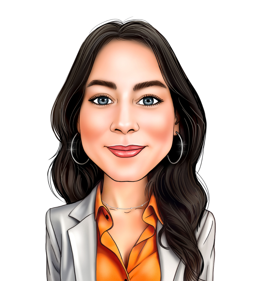 Eine Karikatur einer Frau mit Brille und orangefarbener Jacke.