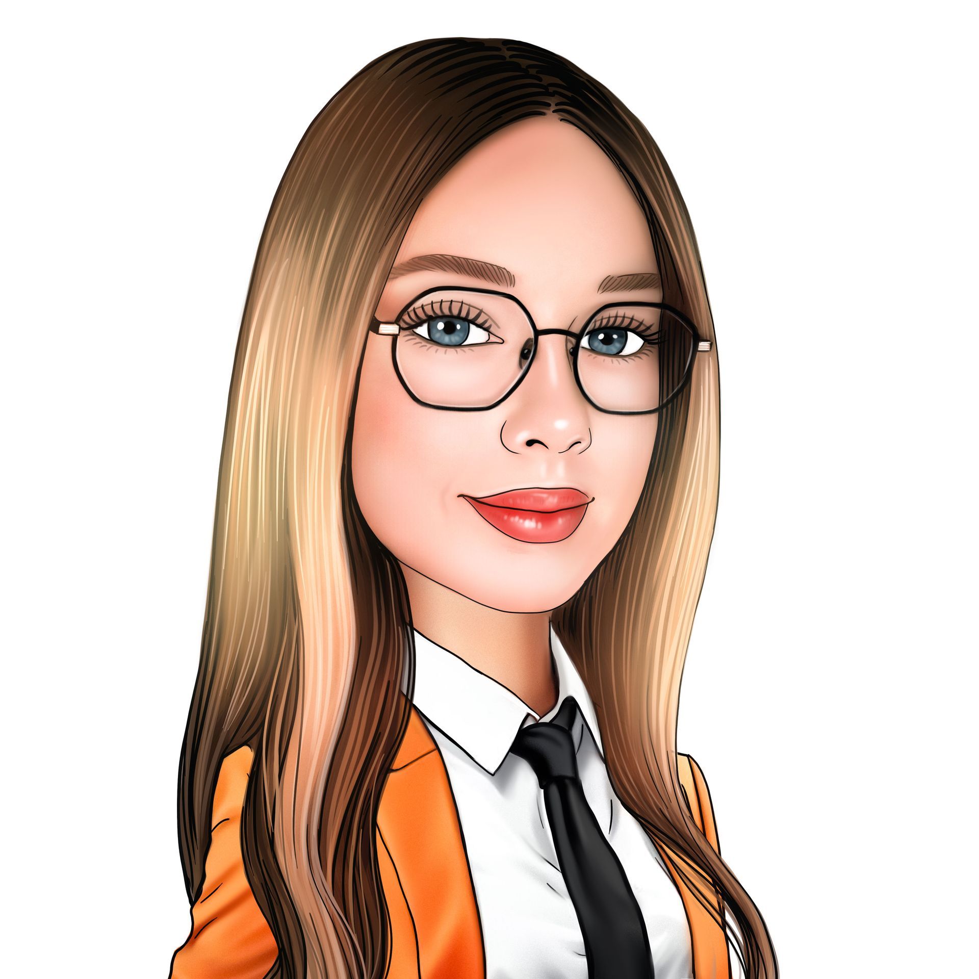Eine Karikatur einer Frau in Anzug und Krawatte.