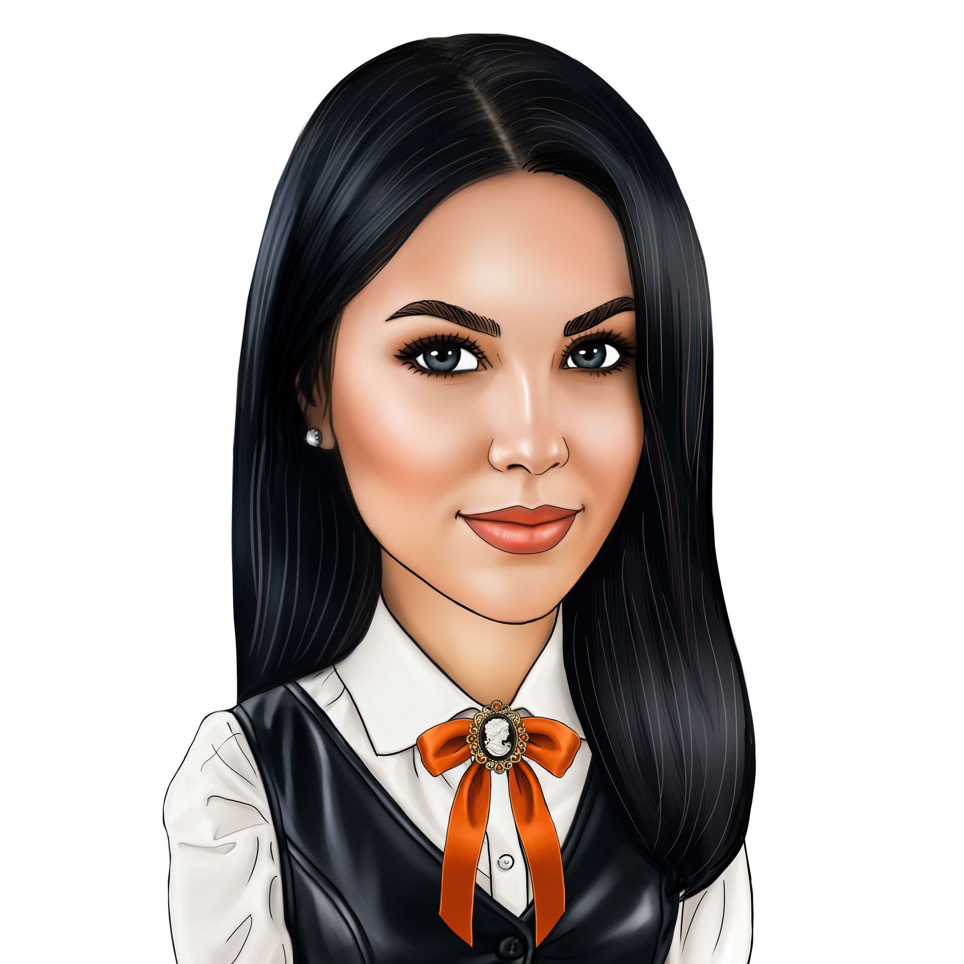 Eine Karikatur einer Frau, die eine orangefarbene Jacke und ein weißes Hemd trägt.