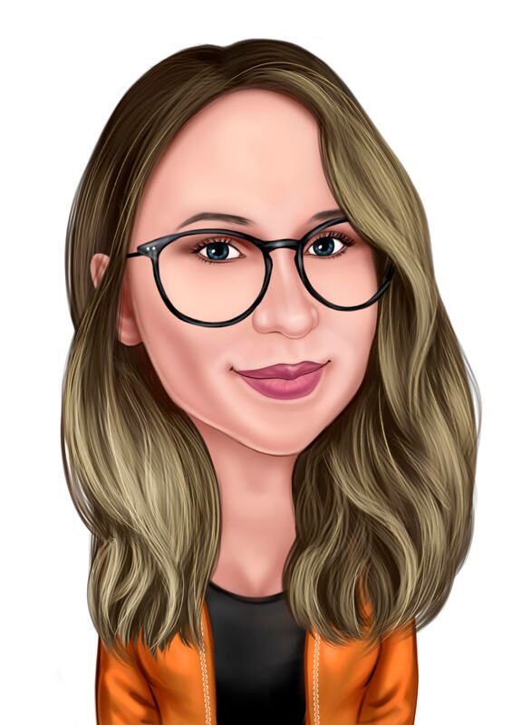 Eine Karikatur einer Frau mit Brille und orangefarbener Jacke.