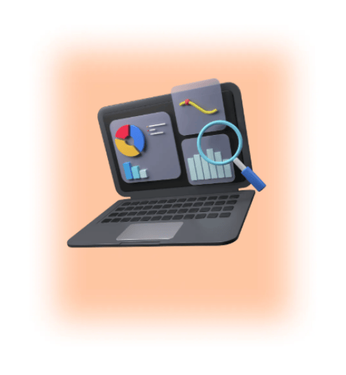 Ein Laptop mit Diagrammen und einer Lupe darauf.