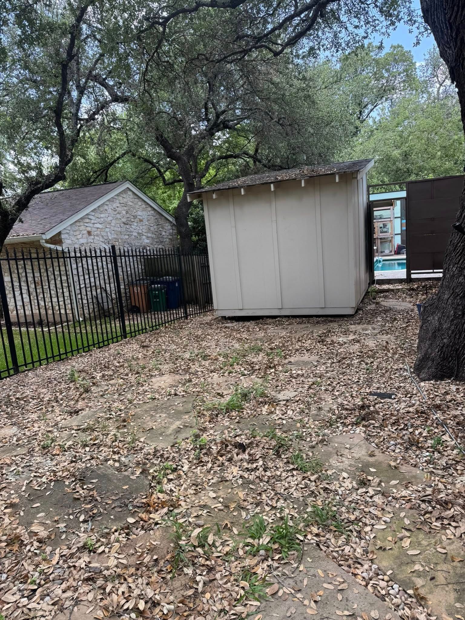 Backyard with shed and leaves on the ground; fence and house in the background.