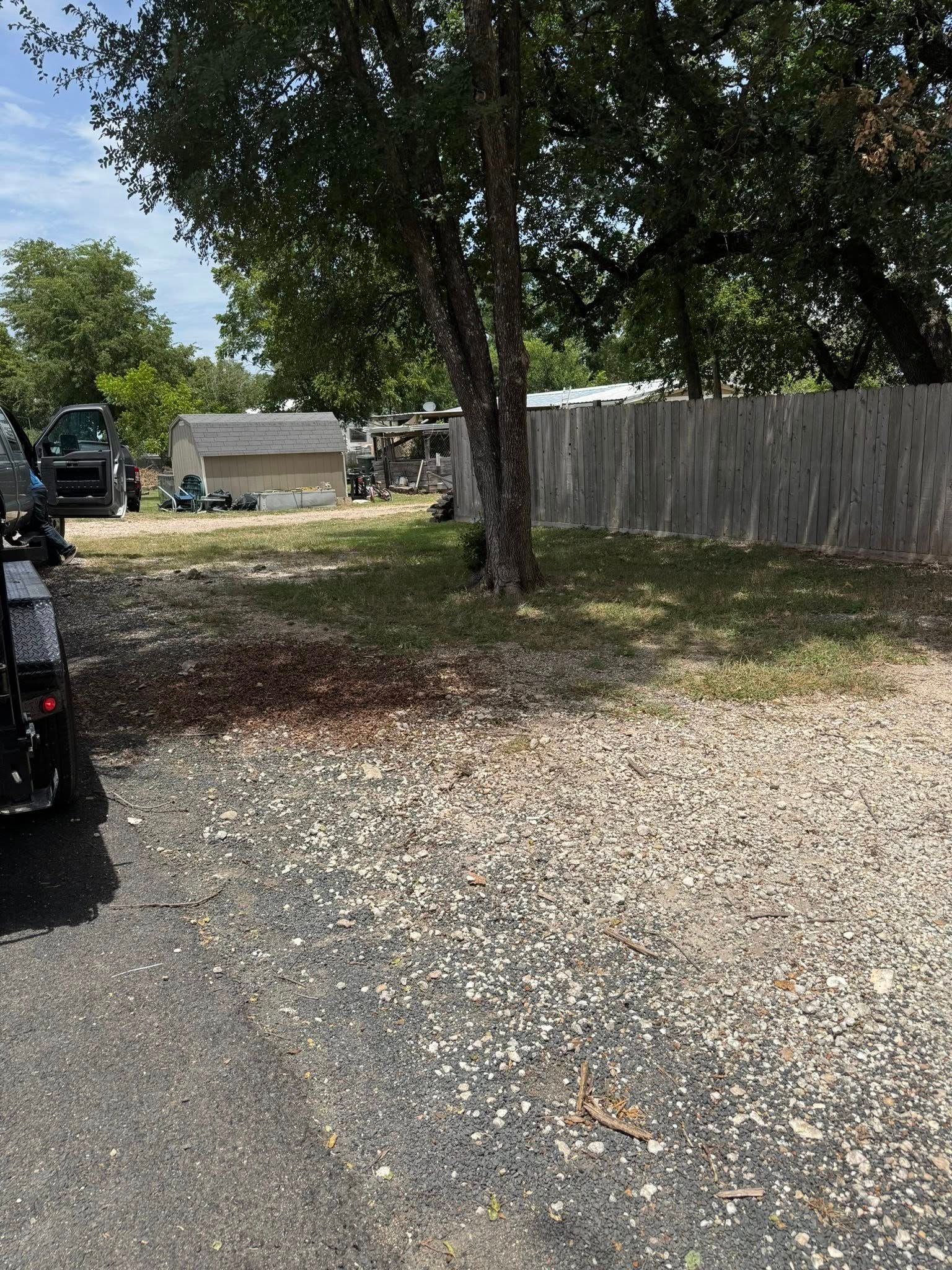 Gravel driveway with tree and small lawn. Wooden fence and shed in background.