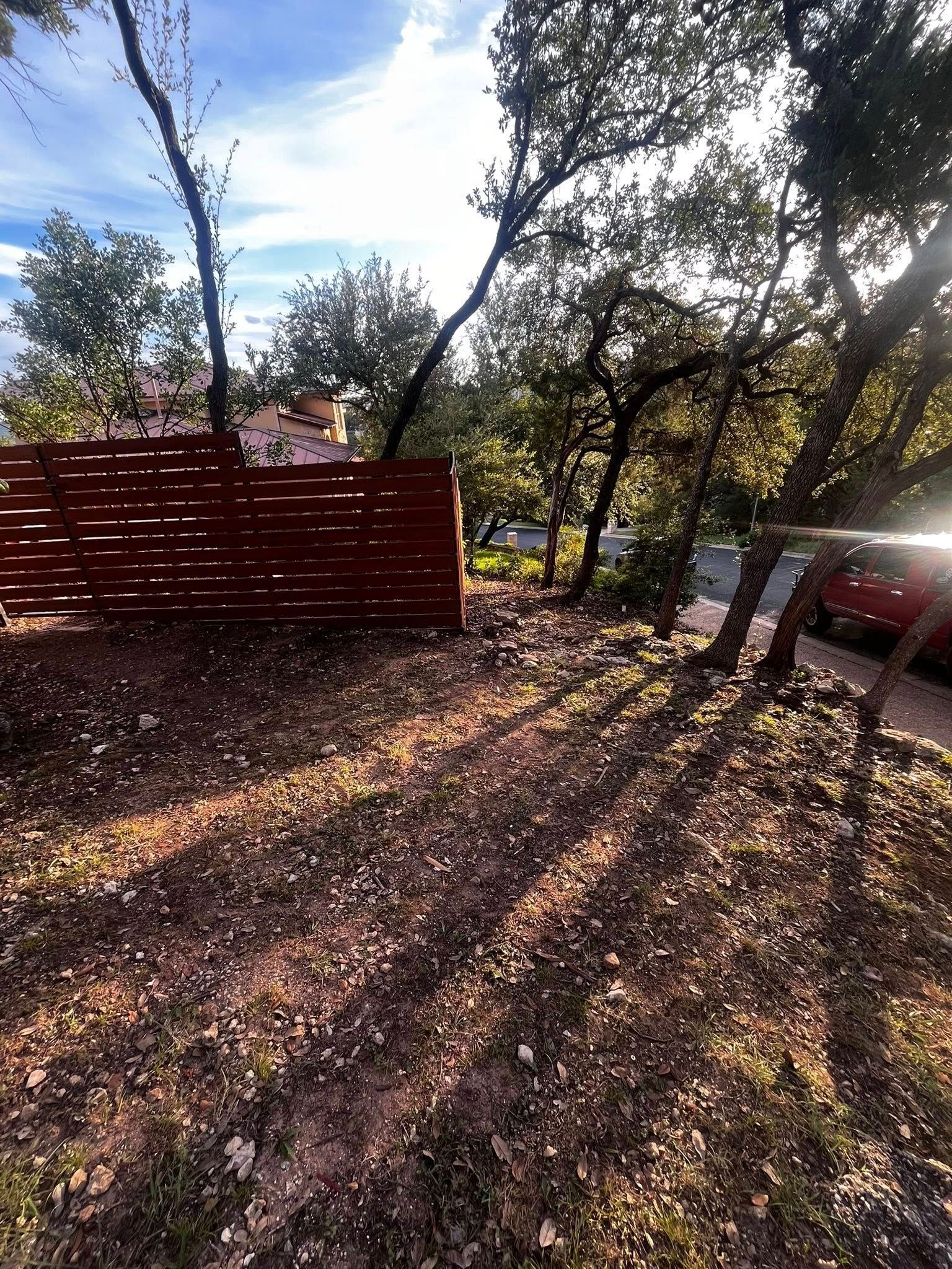Brown dirt ground with sunlit shadows, a wooden fence, and trees.