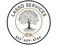 Logo for Lasso Services: tree within a rope lasso, contact info (512-629-5749) and company name in a circle.