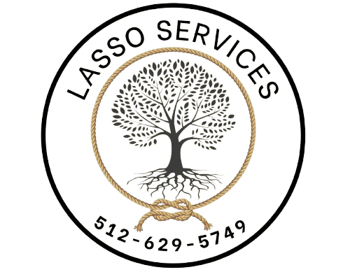 Logo for Lasso Services: tree within a rope lasso, contact info (512-629-5749) and company name in a circle.