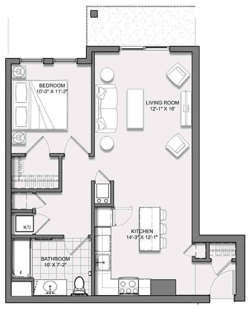 Floor plan of an apartment with a bedroom, living room, kitchen, bathroom, and a small balcony.