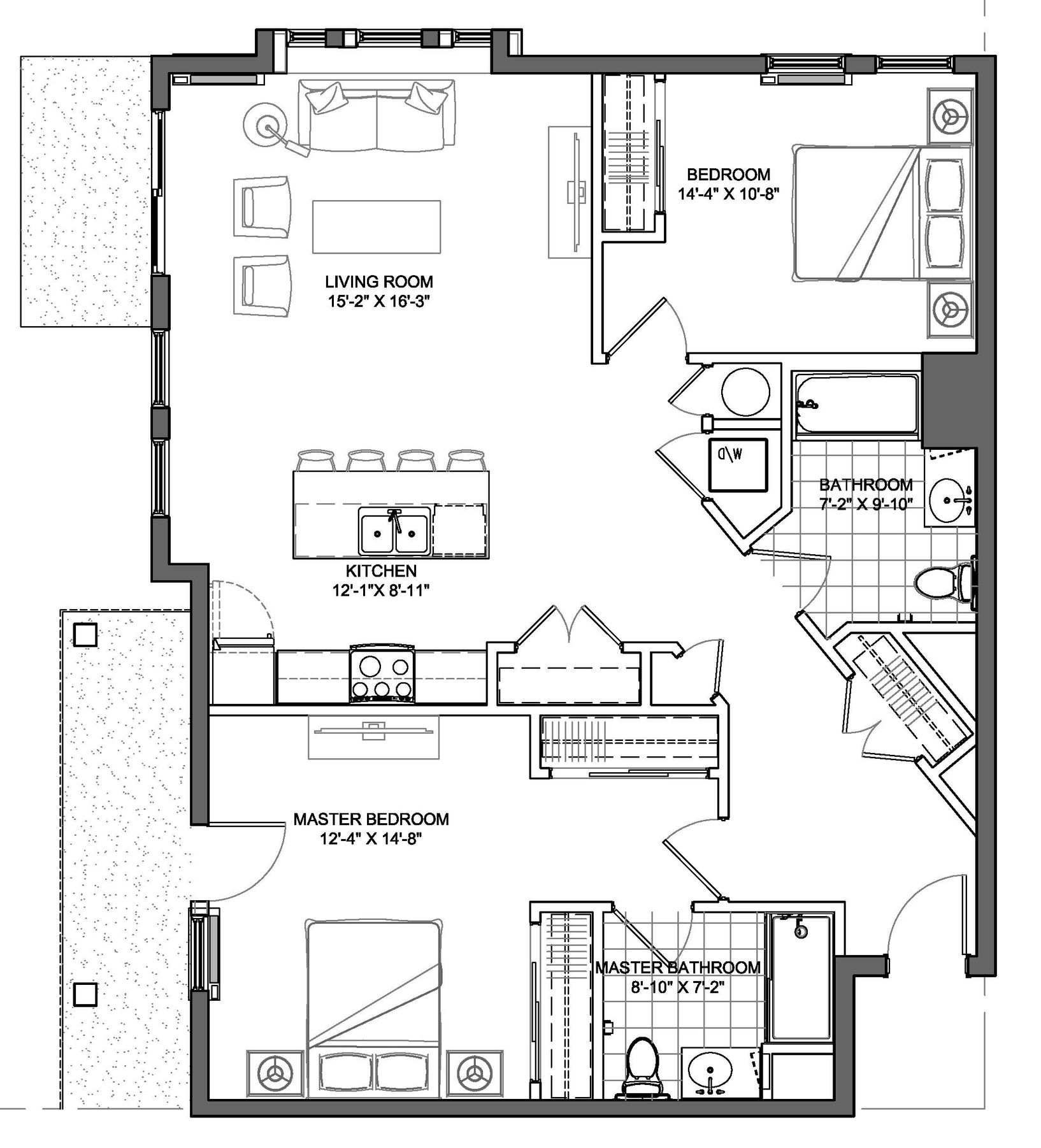 Floor plan of a two-bedroom apartment. Includes living room, kitchen, two bedrooms, and two bathrooms.