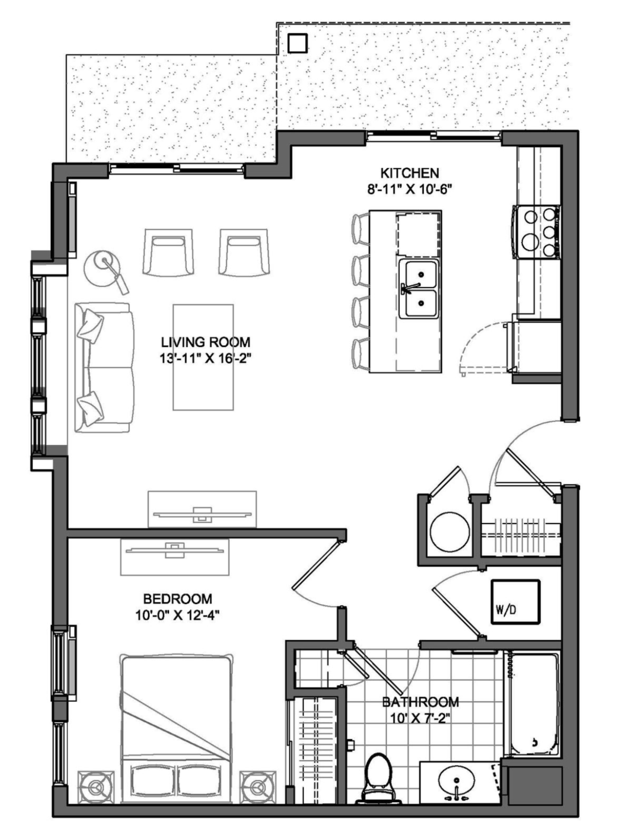 Floor plan of a one-bedroom apartment with a living room, kitchen, bedroom, and bathroom.