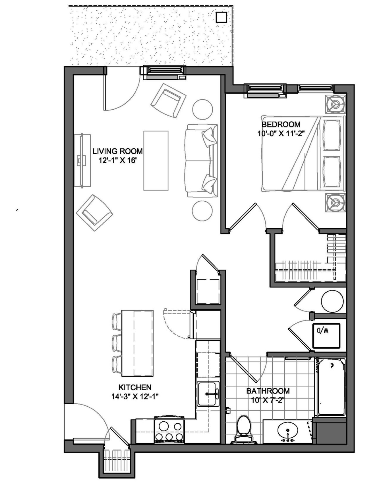 Floor plan of a one-bedroom apartment; shows living room, kitchen, bedroom, bathroom, and small patio.