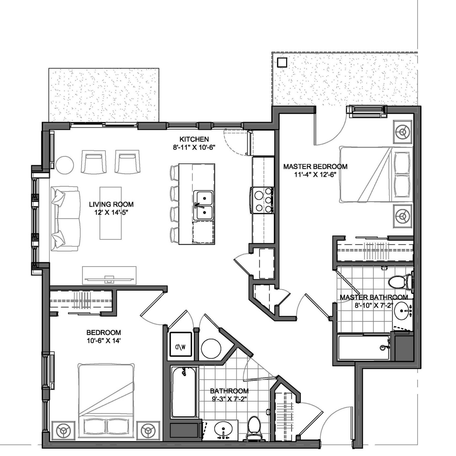 Floor plan of an apartment with a kitchen, living room, two bedrooms, and two bathrooms.